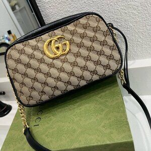 Gucci Beige and Black Crossbody Bag with Gold Logo